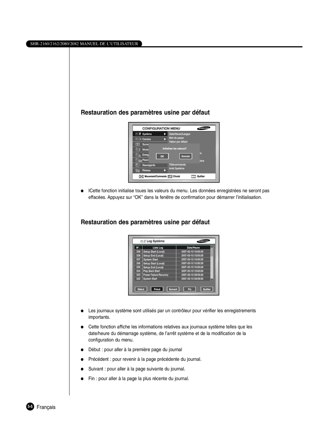 Samsung SHR-2082P250, SHR-2080P250, SHR-2160P250, SHR-2162P250 manual Restauration des paramètres usine par défaut 