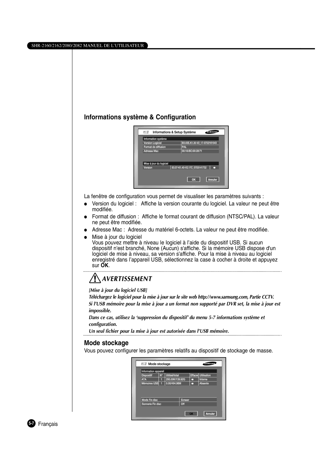 Samsung SHR-2160P250, SHR-2082P250, SHR-2080P250, SHR-2162P250 manual Informations système & Configuration, Mode stockage 