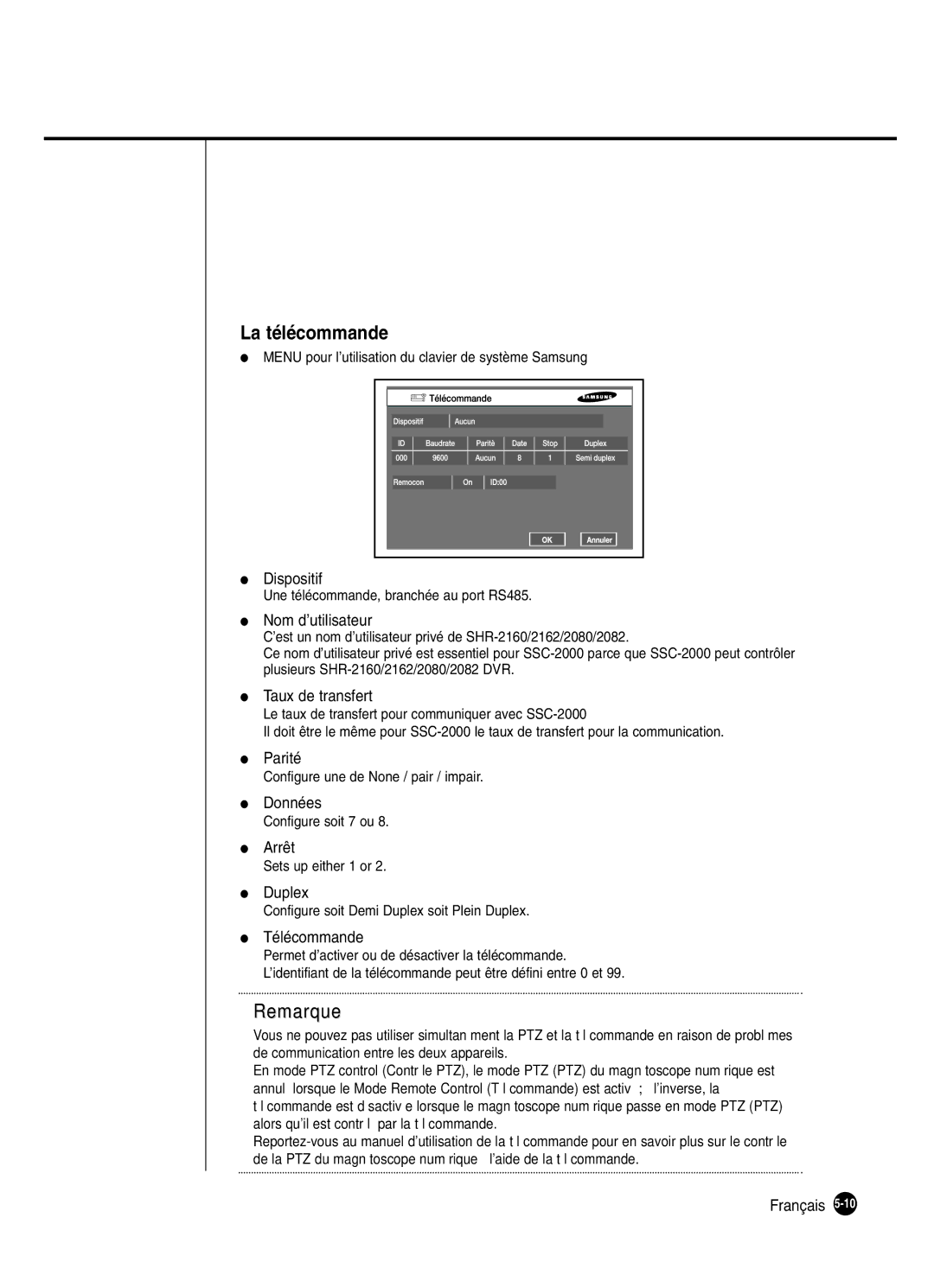 Samsung SHR-2082P250, SHR-2080P250, SHR-2160P250, SHR-2162P250 manual La télécommande 