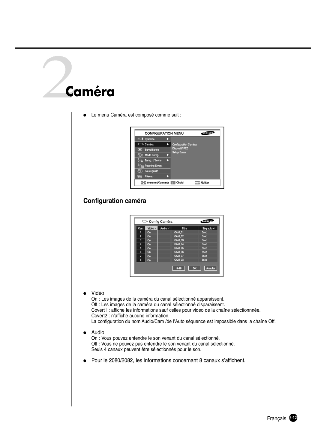 Samsung SHR-2080P250, SHR-2082P250, SHR-2160P250, SHR-2162P250 manual 2Caméra, Configuration caméra, Vidéo, Audio 