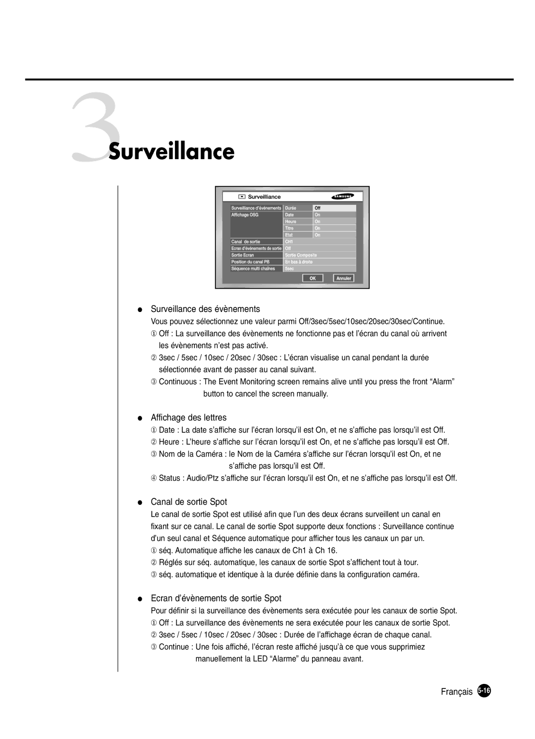 Samsung SHR-2160P, SHR-2162P 3Surveillance, Affichage des lettres, Canal de sortie Spot, Ecran d’évènements de sortie Spot 