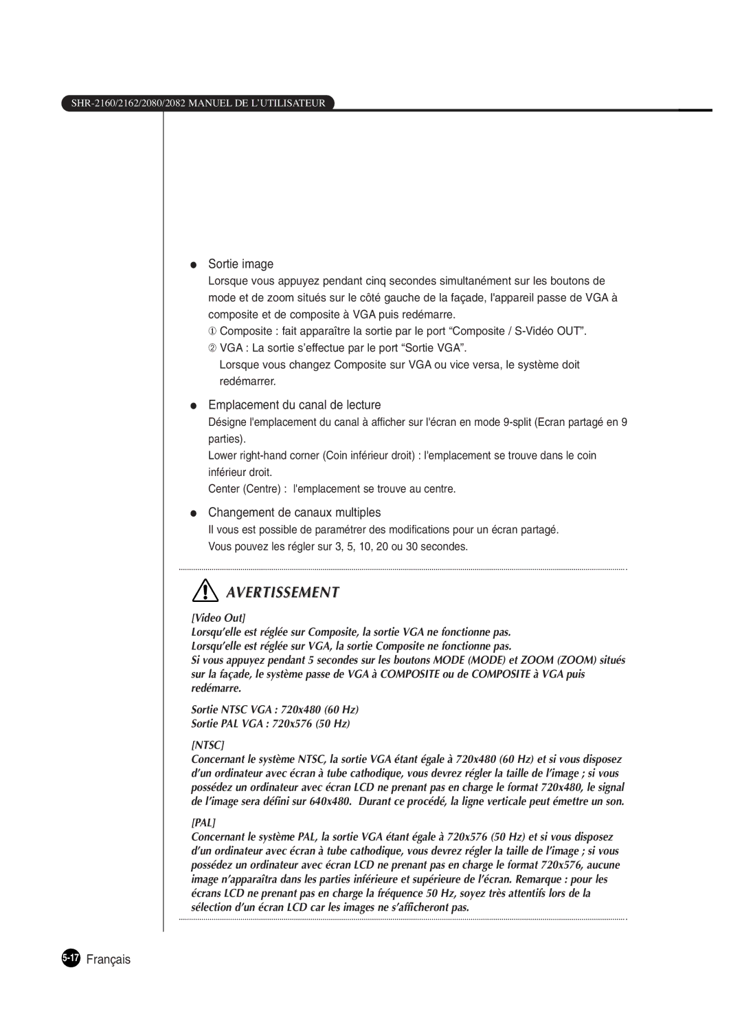 Samsung SHR-2082P250, SHR-2162P Sortie image, Emplacement du canal de lecture, Changement de canaux multiples, 17Français 