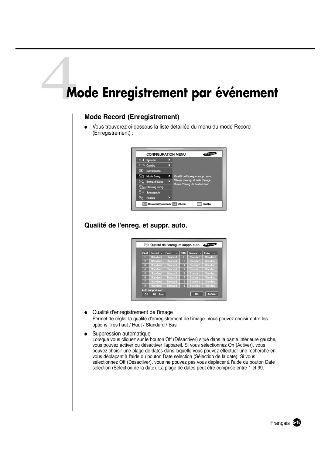 Samsung SHR-2080P250 4Mode Enregistrement par événement, Mode Record Enregistrement, Qualité de lenreg. et suppr. auto 