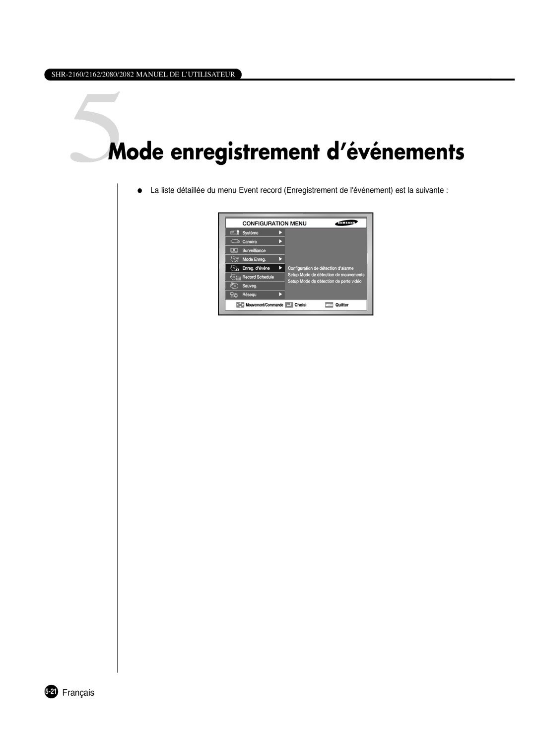 Samsung SHR-2082P250, SHR-2080P250, SHR-2160P250, SHR-2162P250 manual 5Mode enregistrement d’événements, 21Français 