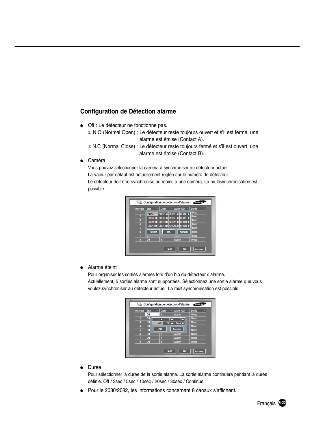 Samsung SHR-2160P, SHR-2162P, SHR-2082P250, SHR-2080P250 manual Configuration de Détection alarme, Alarme éteint, Durée 