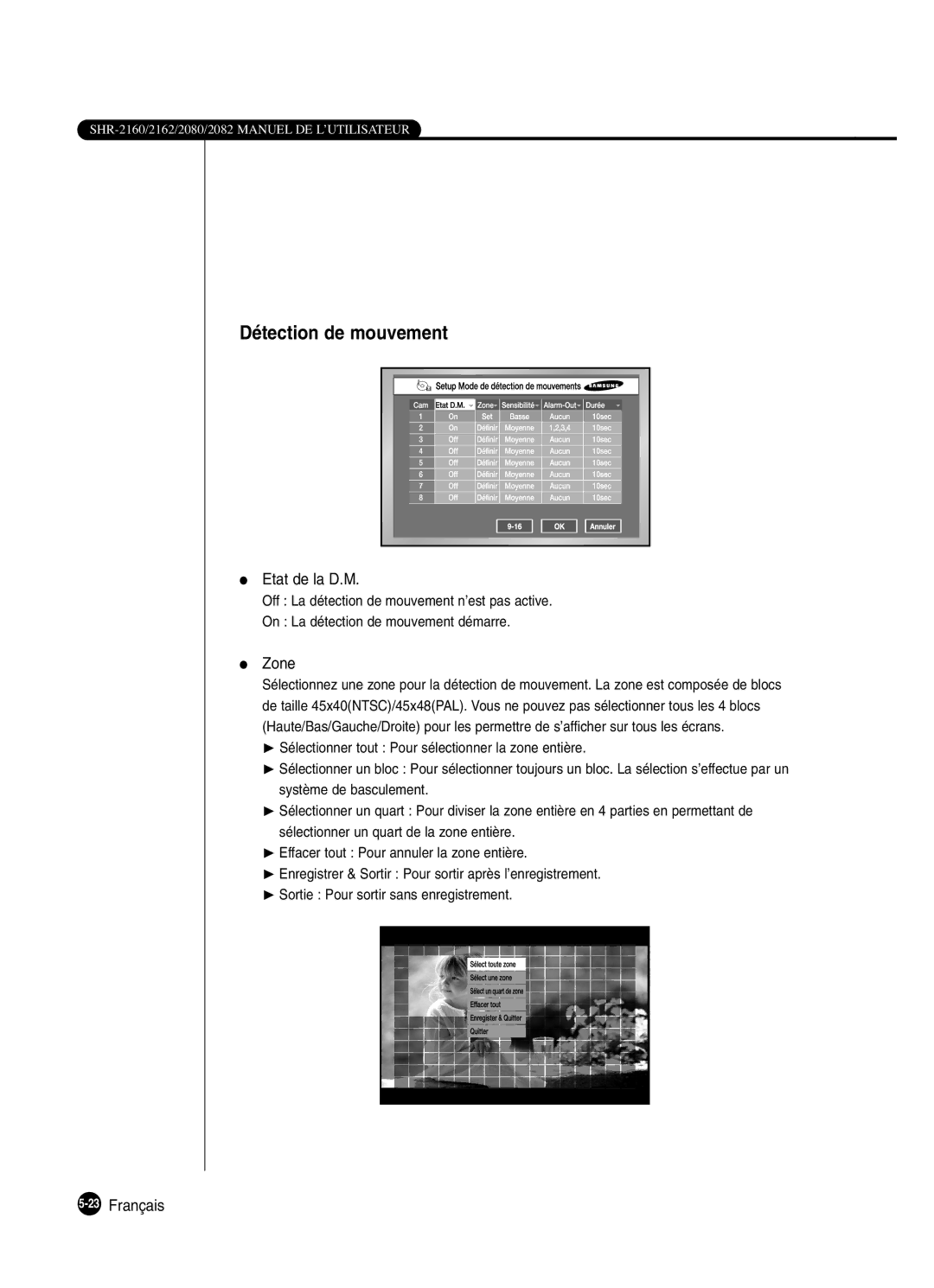 Samsung SHR-2082P250, SHR-2162P, SHR-2160P, SHR-2080P250 manual Détection de mouvement, Etat de la D.M, Zone, 23Français 