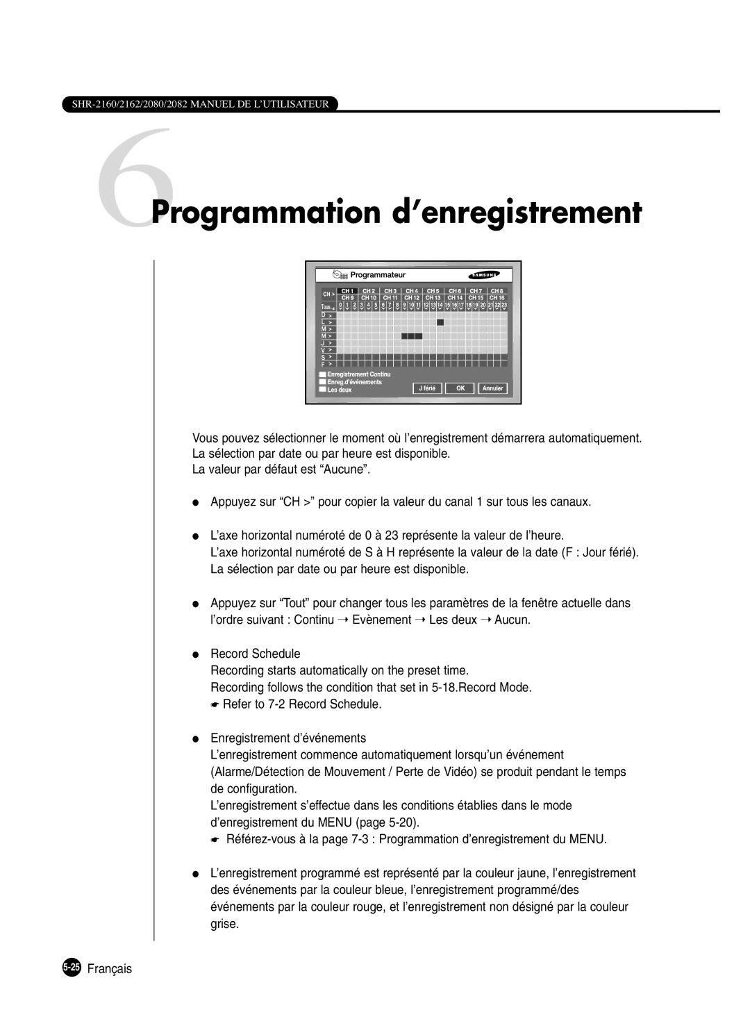 Samsung SHR-2160P250, SHR-2082P250, SHR-2080P250, SHR-2162P250 manual 6Programmation d’enregistrement 