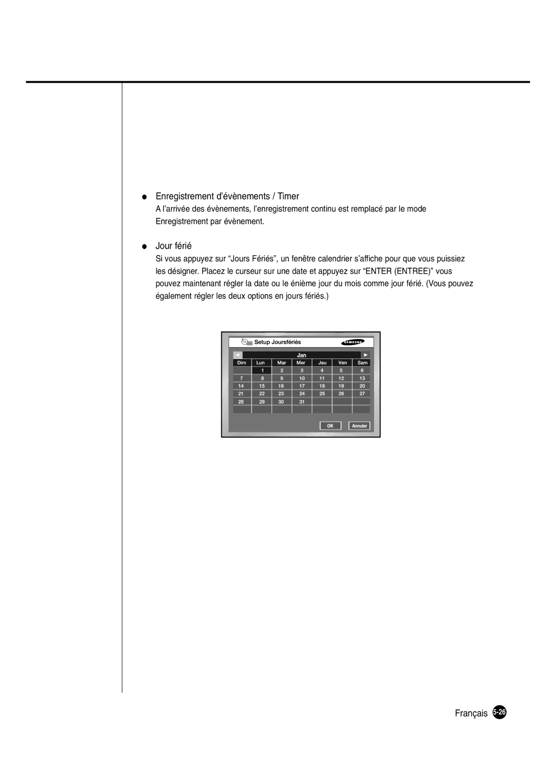 Samsung SHR-2162P250, SHR-2082P250, SHR-2080P250, SHR-2160P250 manual Enregistrement d’évènements / Timer, Jour férié 