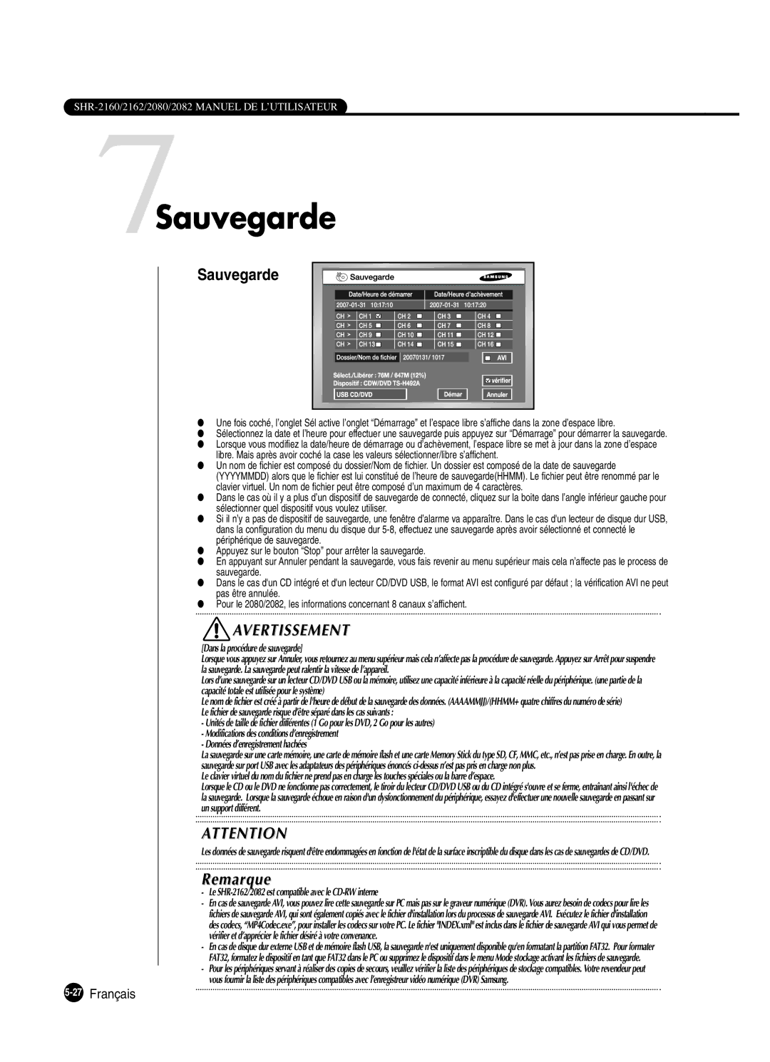 Samsung SHR-2082P250, SHR-2080P250, SHR-2160P250, SHR-2162P250 manual 7Sauvegarde, 27Français 