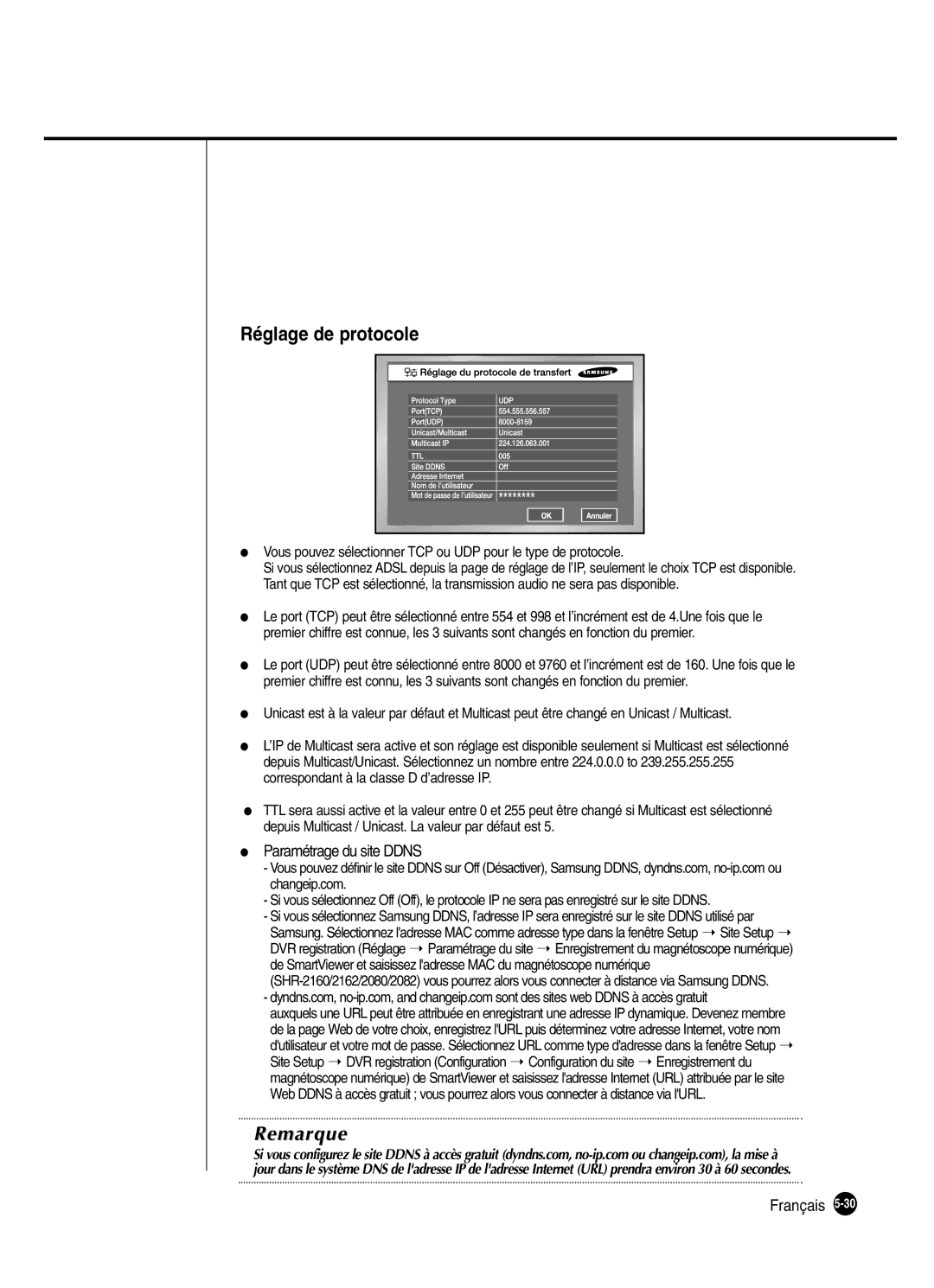 Samsung SHR-2080P250, SHR-2082P250, SHR-2160P250, SHR-2162P250 manual Réglage de protocole, Paramétrage du site Ddns 