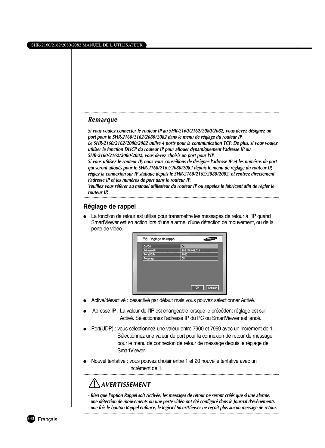 Samsung SHR-2160P250, SHR-2082P250, SHR-2080P250, SHR-2162P250 manual Réglage de rappel, 31Français 