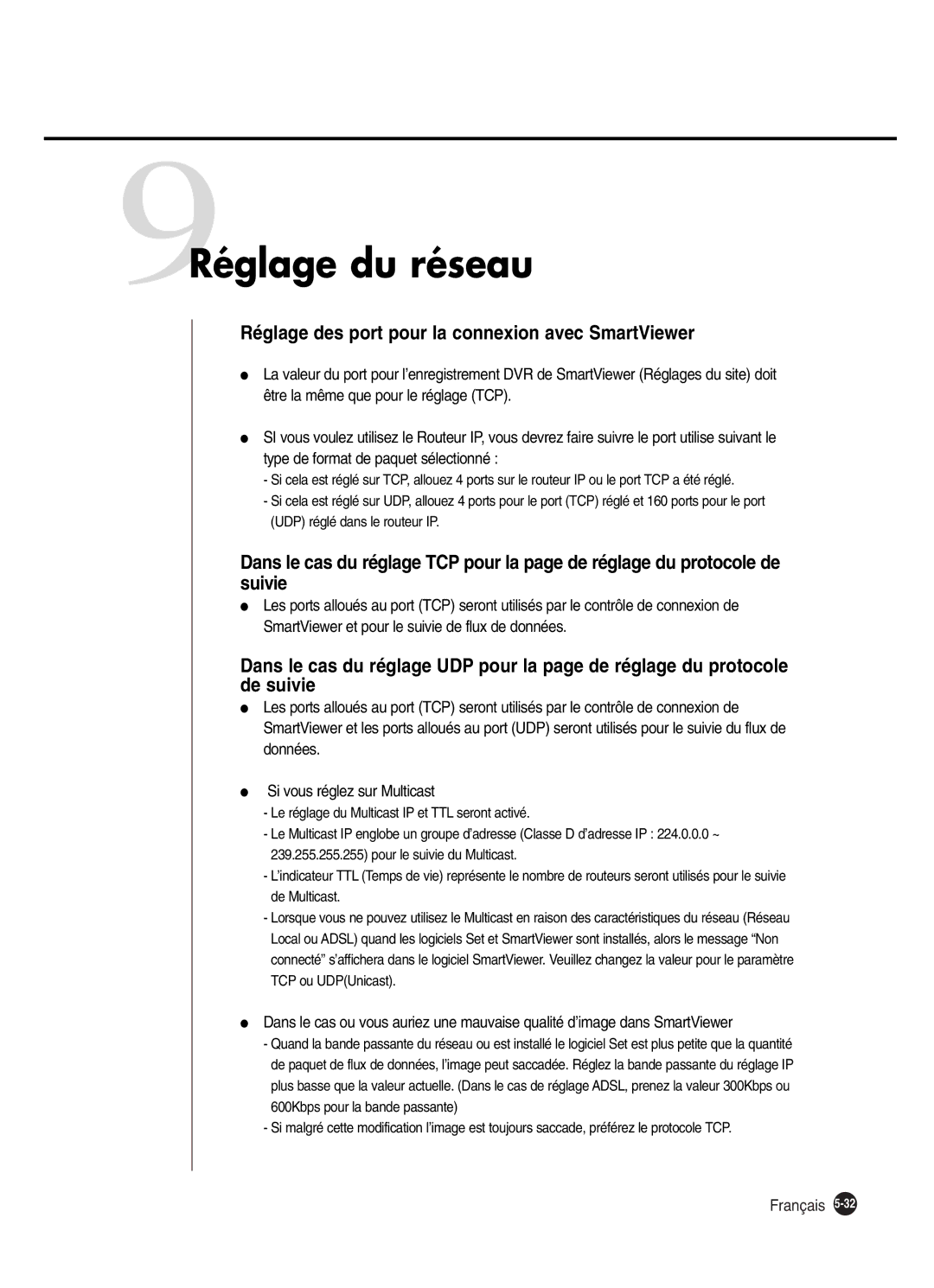 Samsung SHR-2162P250, SHR-2160P, SHR-2082P250 manual 9Réglage du réseau, Réglage des port pour la connexion avec SmartViewer 