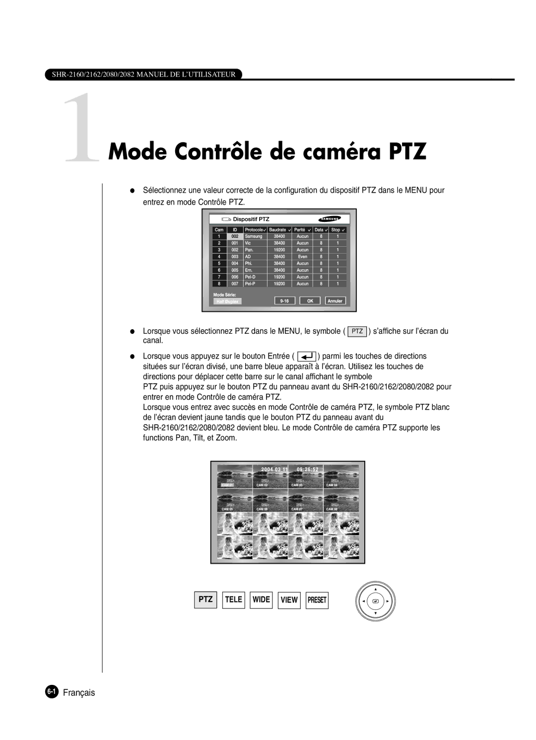 Samsung SHR-2082P250, SHR-2162P, SHR-2080P250, SHR-2160P250 manual 1Mode Contrôle de caméra PTZ, ’affiche sur l’écran du 