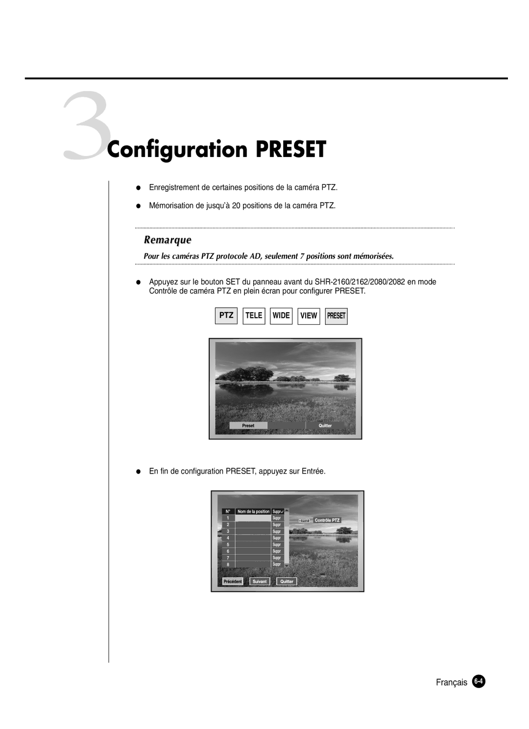 Samsung SHR-2162P250, SHR-2160P, SHR-2082P250 3Configuration Preset, En fin de configuration PRESET, appuyez sur Entrée 