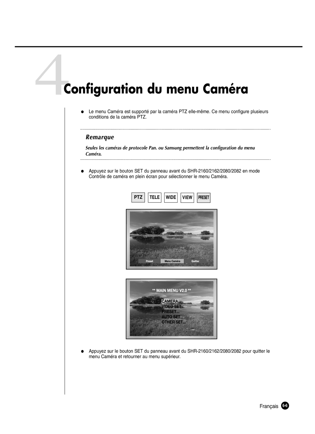 Samsung SHR-2082P250, SHR-2080P250, SHR-2160P250, SHR-2162P250 manual 4Configuration du menu Caméra 