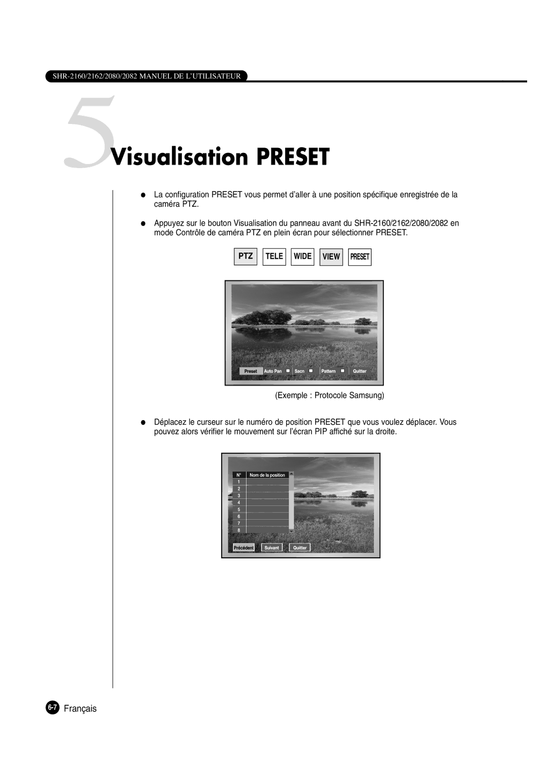 Samsung SHR-2082P250, SHR-2080P250, SHR-2160P250, SHR-2162P250 manual 5Visualisation Preset, Exemple Protocole Samsung 