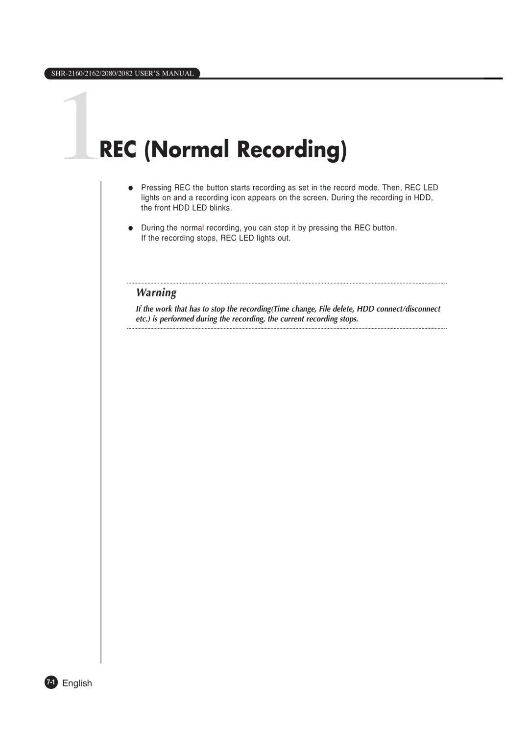 Samsung SHR-2080P250, SHR-2082P250, SHR-2160P250, SHR-2162P250, SHR-2160P2/XEC manual 1REC Normal Recording, 1English 