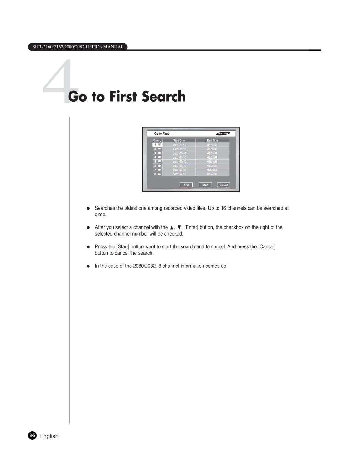 Samsung SHR-2082P250, SHR-2080P250, SHR-2160P250, SHR-2162P250, SHR-2160P2/XEC manual 4Go to First Search, 5English 
