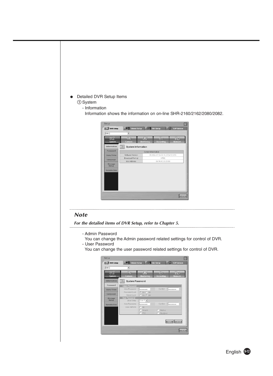 Samsung SHR-2080P250, SHR-2162P, SHR-2082P250, SHR-2160P250 manual For the detailed items of DVR Setup, refer to Chapter 