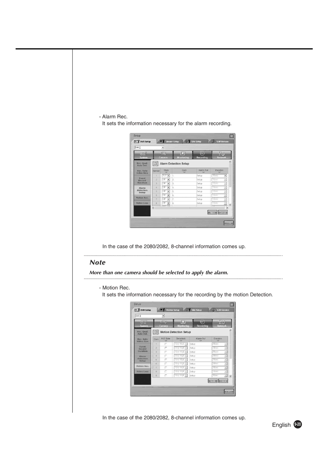 Samsung SHR-2082P250, SHR-2162P, SHR-2160P, SHR-2080P250 manual More than one camera should be selected to apply the alarm 