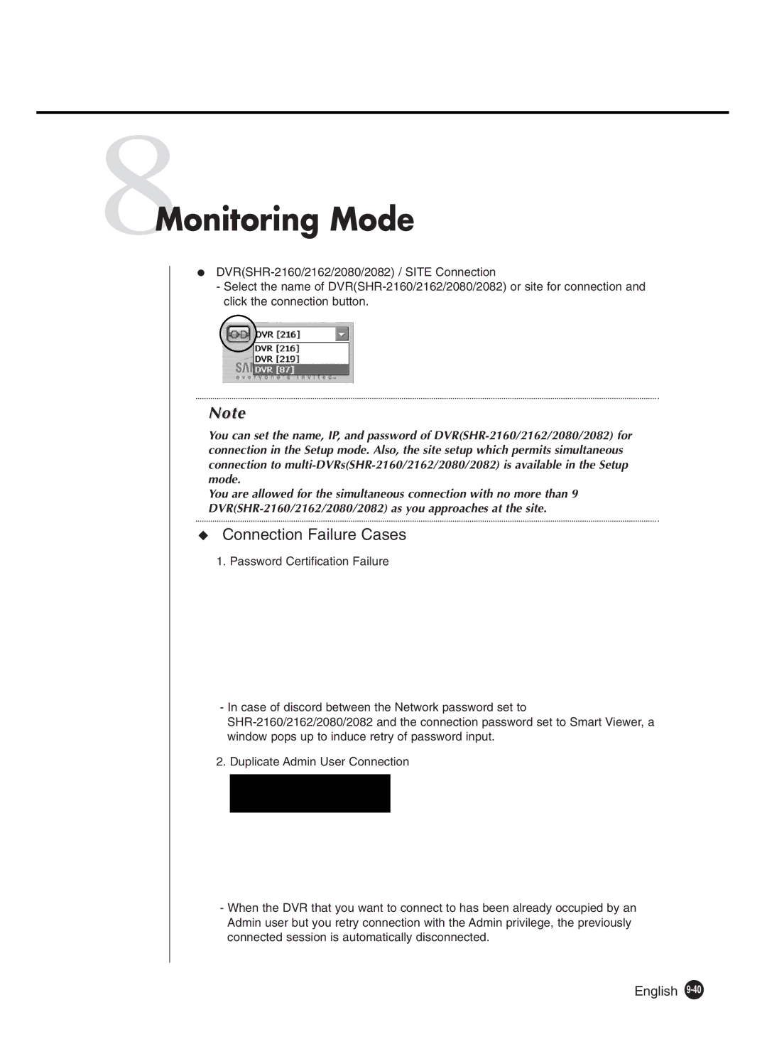 Samsung SHR-2160P250, SHR-2082P250, SHR-2080P250, SHR-2162P250, SHR-2160P2/XEC 8Monitoring Mode, Connection Failure Cases 