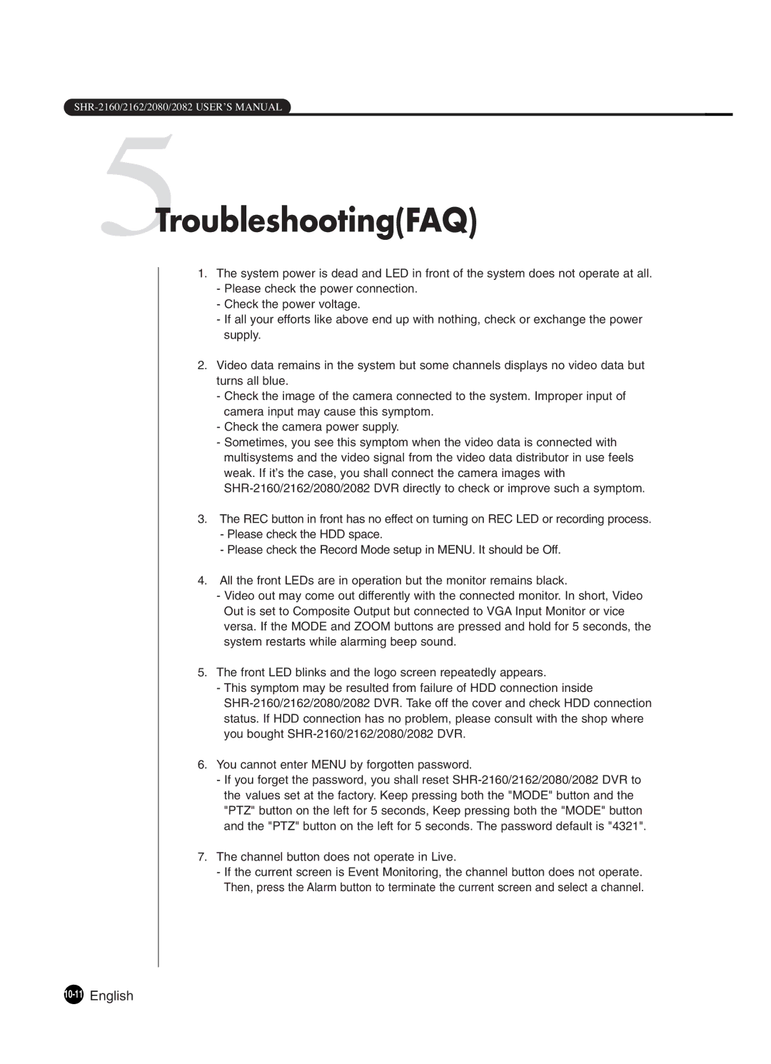 Samsung SHR-2082P250, SHR-2080P250, SHR-2160P250, SHR-2162P250, SHR-2160P2/XEC manual 5TroubleshootingFAQ, 10-11English 