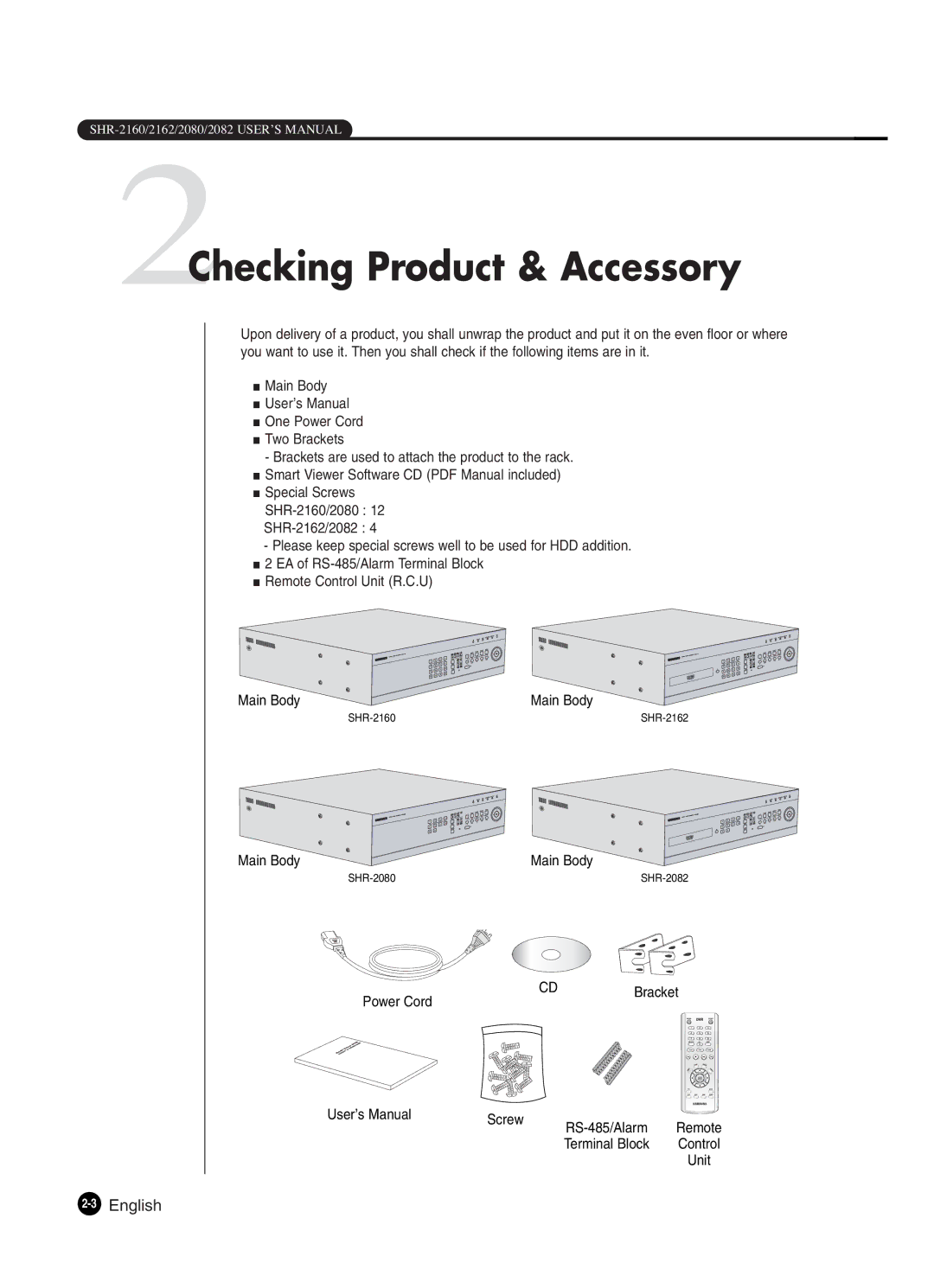 Samsung SHR-2082P250, SHR-2080P250, SHR-2160P250, SHR-2162P250, SHR-2160P2/XEC 2Checking Product & Accessory, 3English 