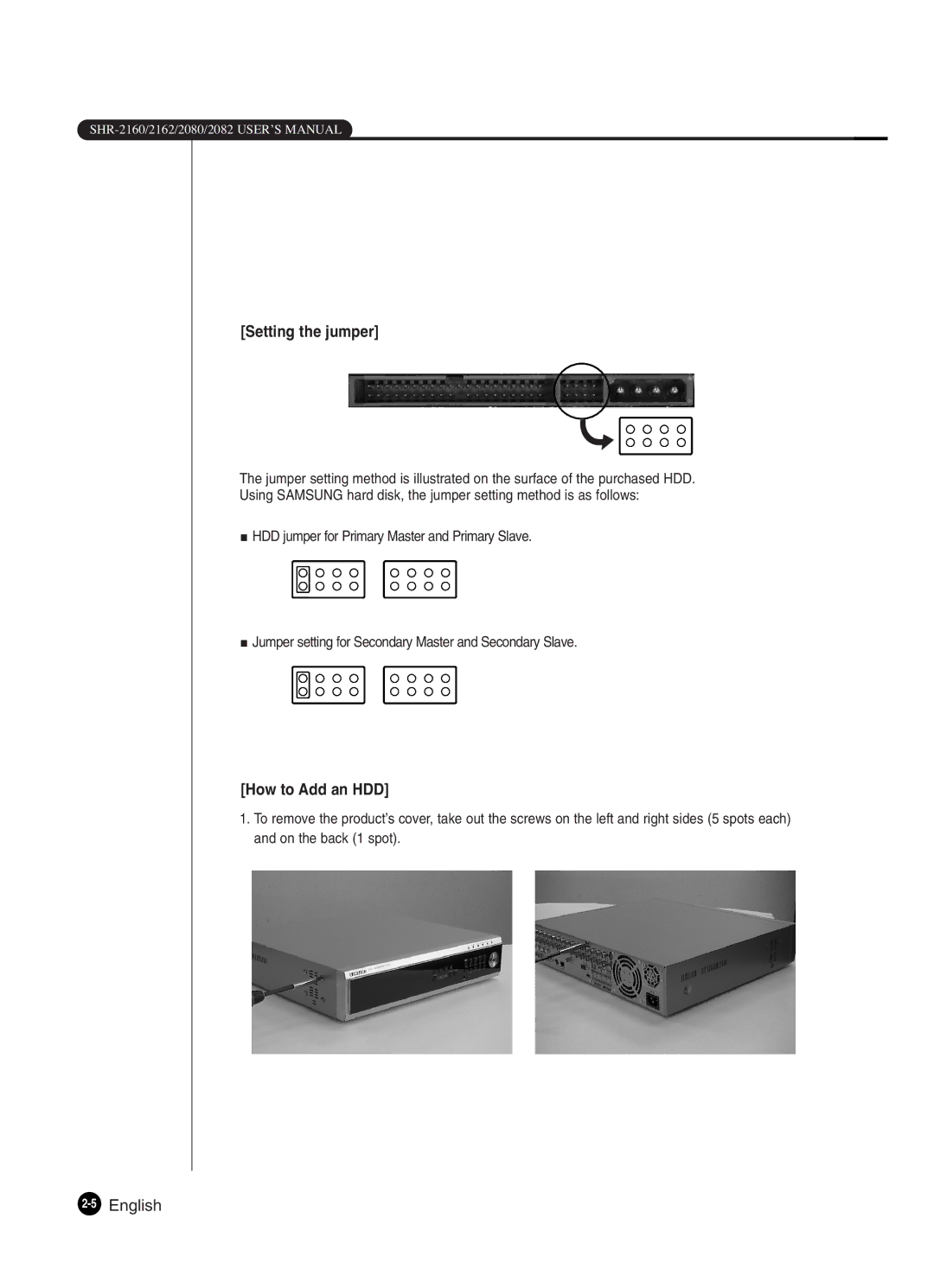 Samsung SHR-2160P250, SHR-2082P250, SHR-2080P250, SHR-2162P250, SHR-2160P2/XEC, SHR-2160P/XEC manual Setting the jumper 