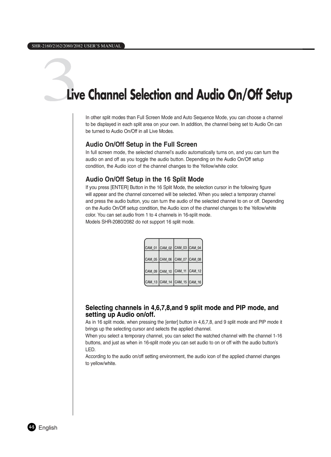 Samsung SHR-2160P/XEC, SHR-2162P, SHR-2082P250, SHR-2080P250, SHR-2160P250 3Live Channel Selection and Audio On/Off Setup 