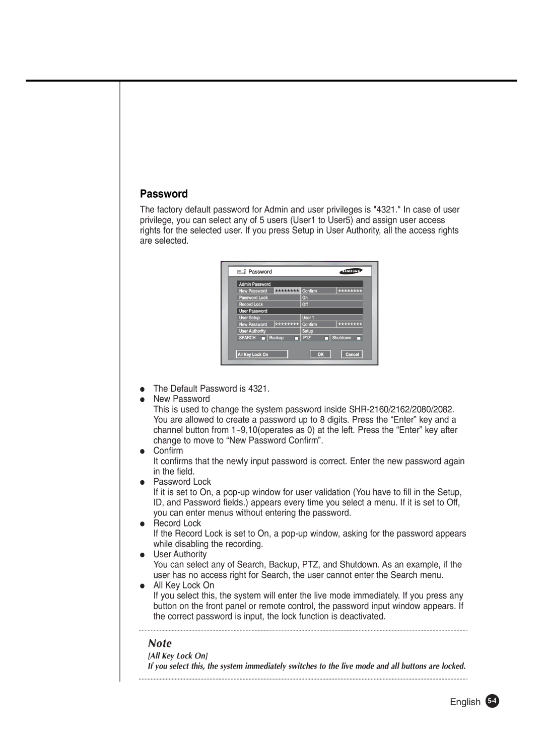 Samsung SHR-2160P/XEC, SHR-2082P250, SHR-2080P250, SHR-2160P250, SHR-2162P250, SHR-2160P2/XEC Password, All Key Lock On 