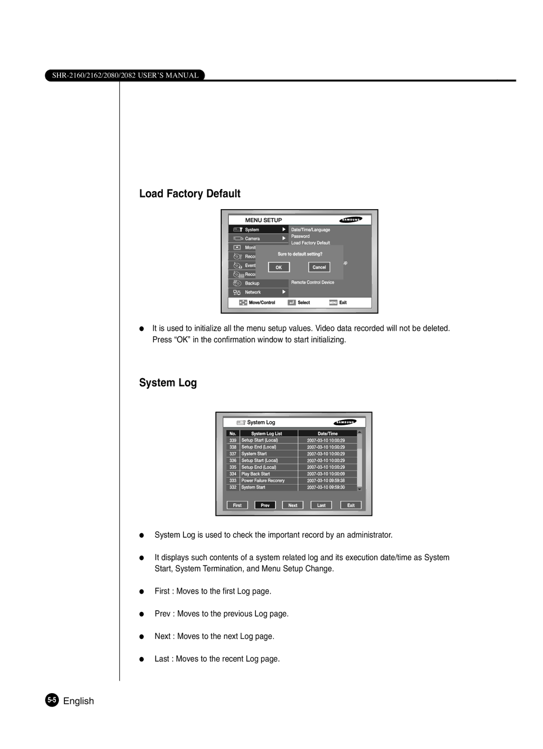 Samsung SHR-2080P2/XEC, SHR-2082P250, SHR-2080P250, SHR-2160P250, SHR-2162P250 manual Load Factory Default, System Log 