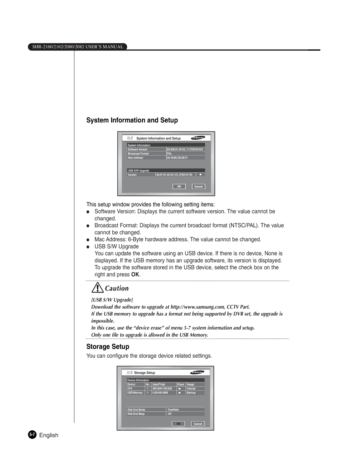 Samsung SHR-2082P250, SHR-2080P250, SHR-2160P250, SHR-2162P250 manual System Information and Setup, Storage Setup 