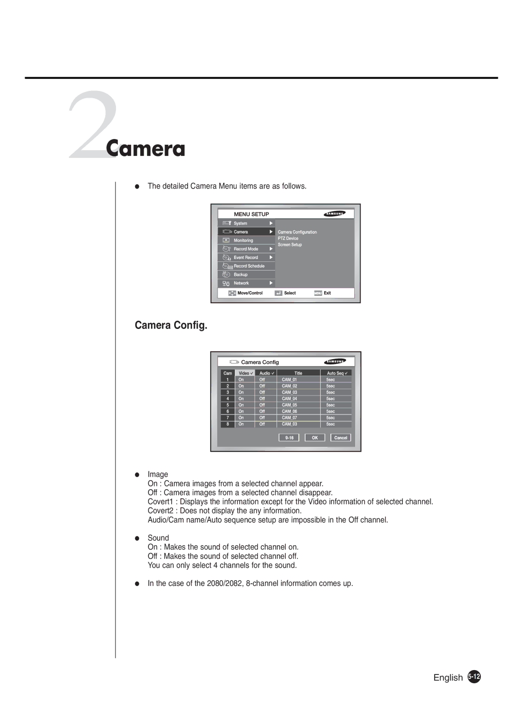 Samsung SHR-2160P2/XEC, SHR-2082P250, SHR-2080P250, SHR-2160P250, SHR-2162P250, SHR-2160P/XEC manual 2Camera, Camera Config 