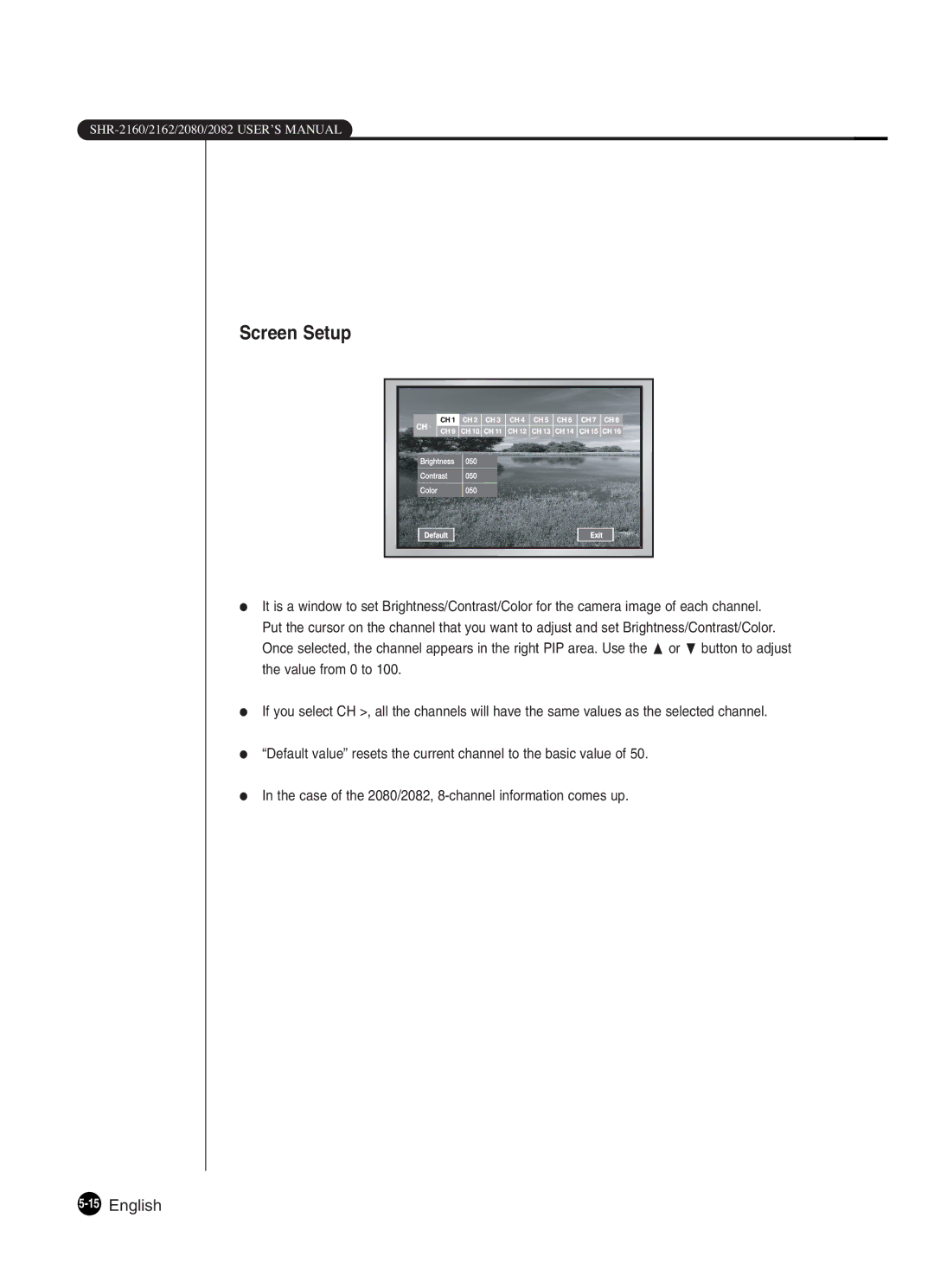 Samsung SHR-2082P250, SHR-2080P250, SHR-2160P250, SHR-2162P250, SHR-2160P2/XEC, SHR-2160P/XEC Screen Setup, 15English 