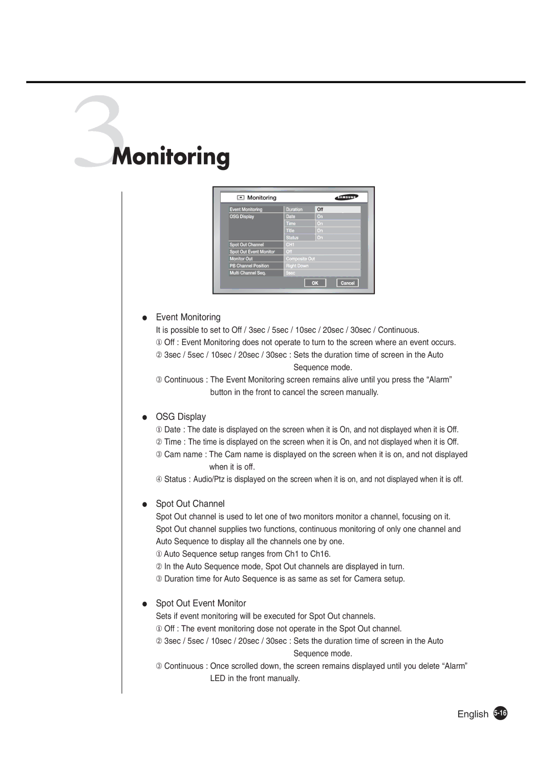 Samsung SHR-2160P, SHR-2162P manual 3Monitoring, Event Monitoring, OSG Display, Spot Out Channel, Spot Out Event Monitor 