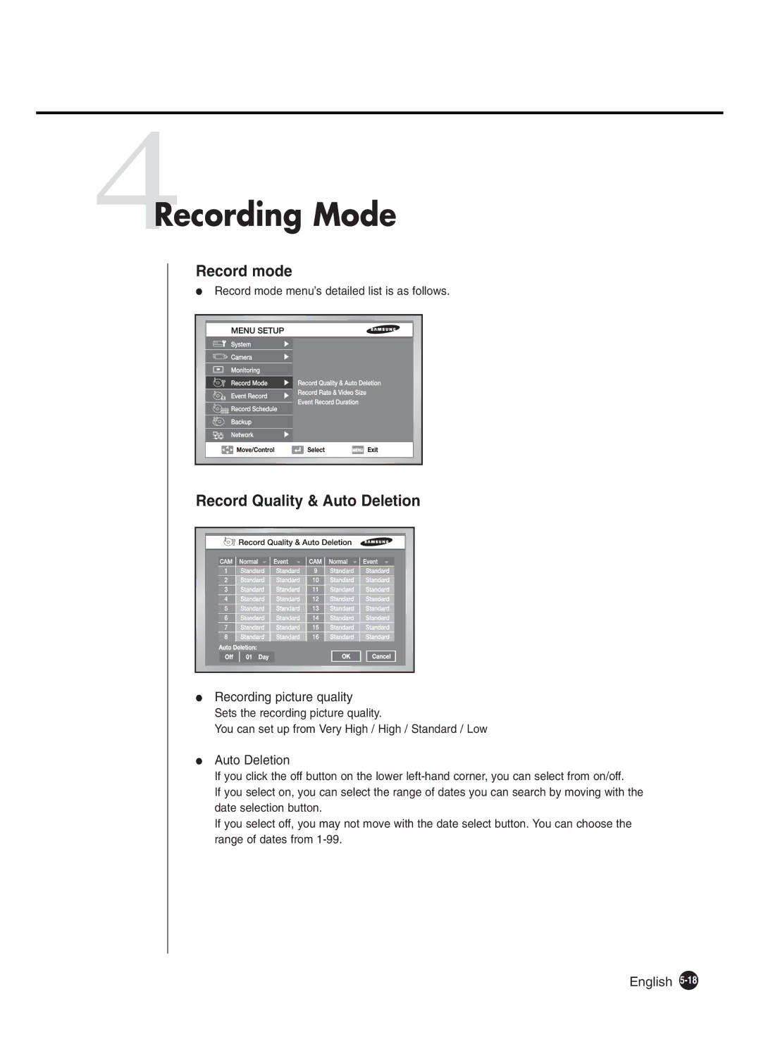 Samsung SHR-2080P250, SHR-2162P, SHR-2160P, SHR-2082P250 manual 4Recording Mode, Recording picture quality, Auto Deletion 