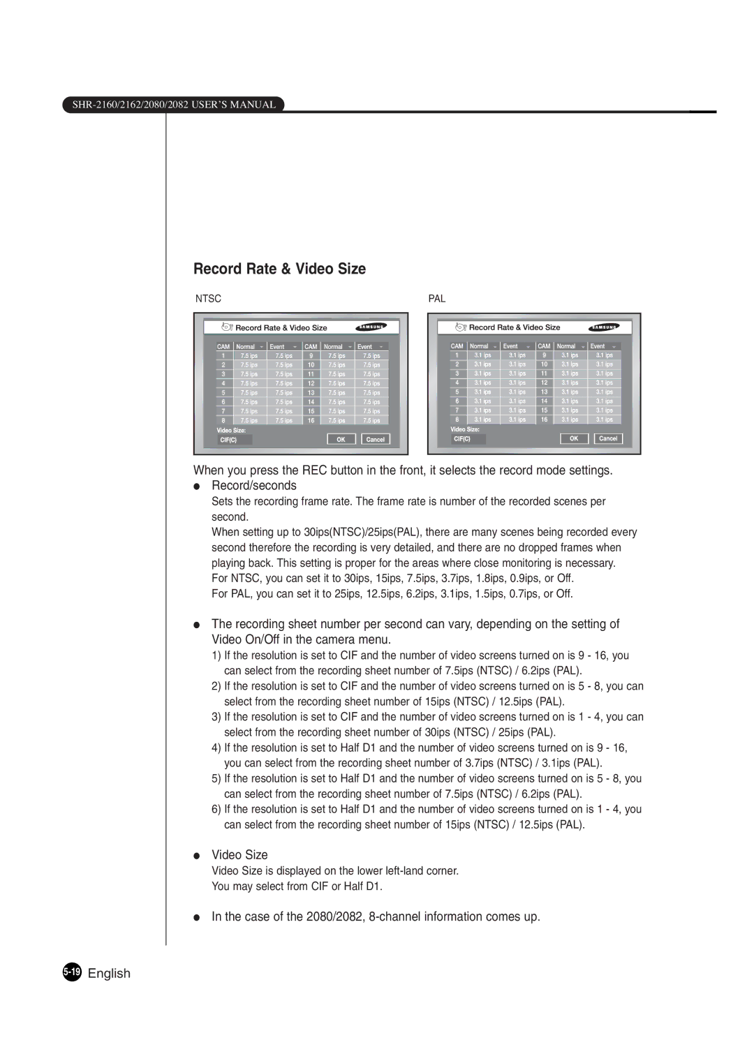 Samsung SHR-2160P250, SHR-2082P250, SHR-2080P250, SHR-2162P250, SHR-2160P2/XEC, SHR-2160P/XEC manual Record Rate & Video Size 