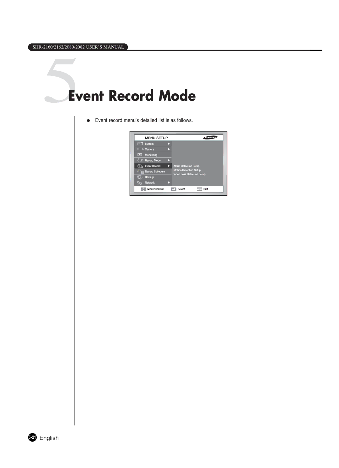 Samsung SHR-2160P2/XEC, SHR-2082P250, SHR-2080P250, SHR-2160P250, SHR-2162P250, SHR-2160P/XEC 5Event Record Mode, 21English 