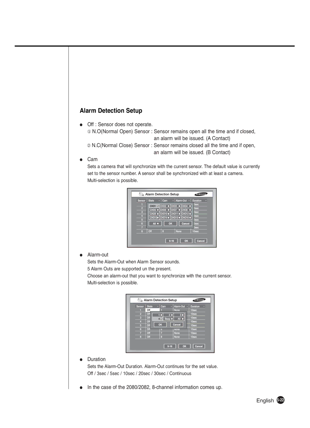 Samsung SHR-2160P/XEC, SHR-2162P, SHR-2082P250, SHR-2080P250, SHR-2160P250 manual Alarm Detection Setup, Alarm-out, Duration 