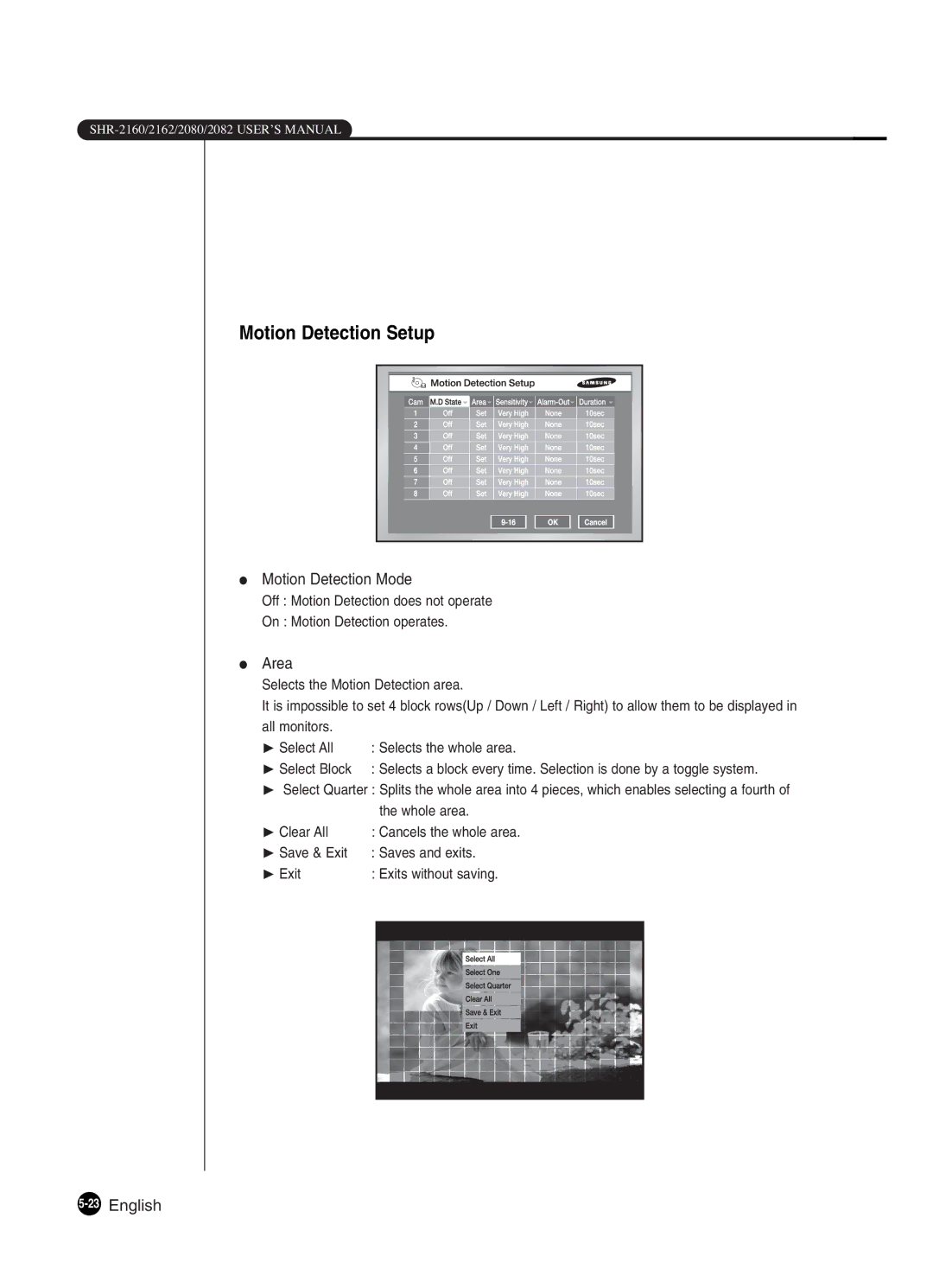 Samsung SHR-2080P2/XEC, SHR-2162P, SHR-2160P, SHR-2082P250 Motion Detection Setup, Motion Detection Mode, Area, 23English 