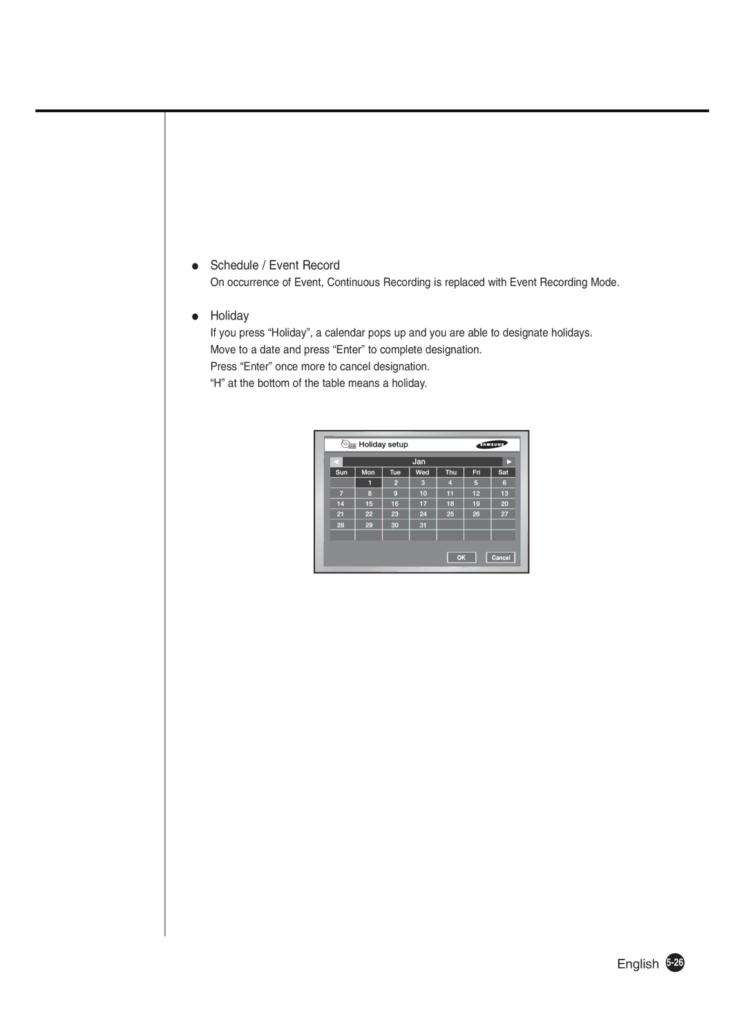 Samsung SHR-2082P250, SHR-2080P250, SHR-2160P250, SHR-2162P250, SHR-2160P2/XEC manual Schedule / Event Record, Holiday 