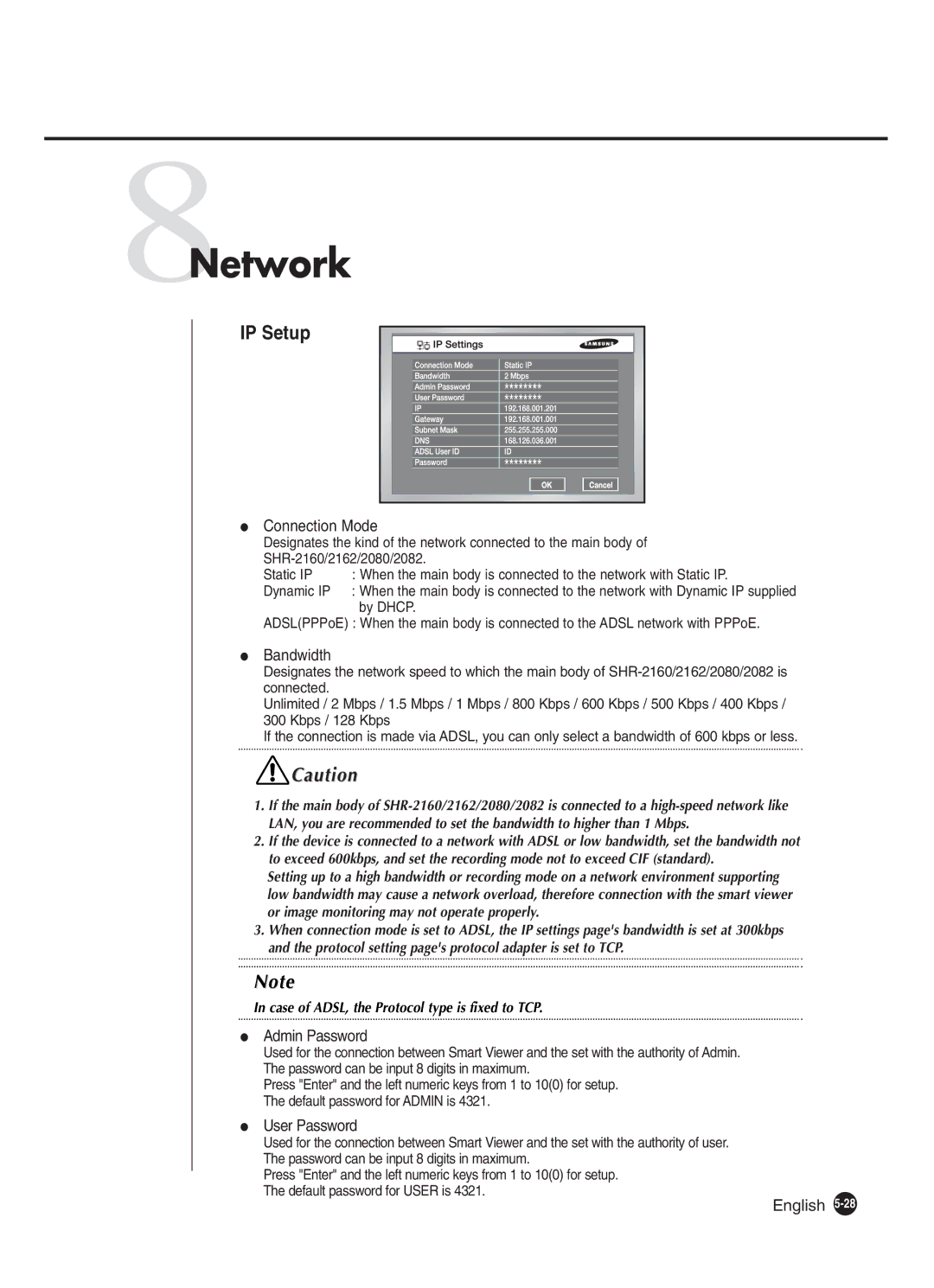 Samsung SHR-2160P250, SHR-2162P, SHR-2082P250 manual 8Network, Connection Mode, Bandwidth, Admin Password, User Password 