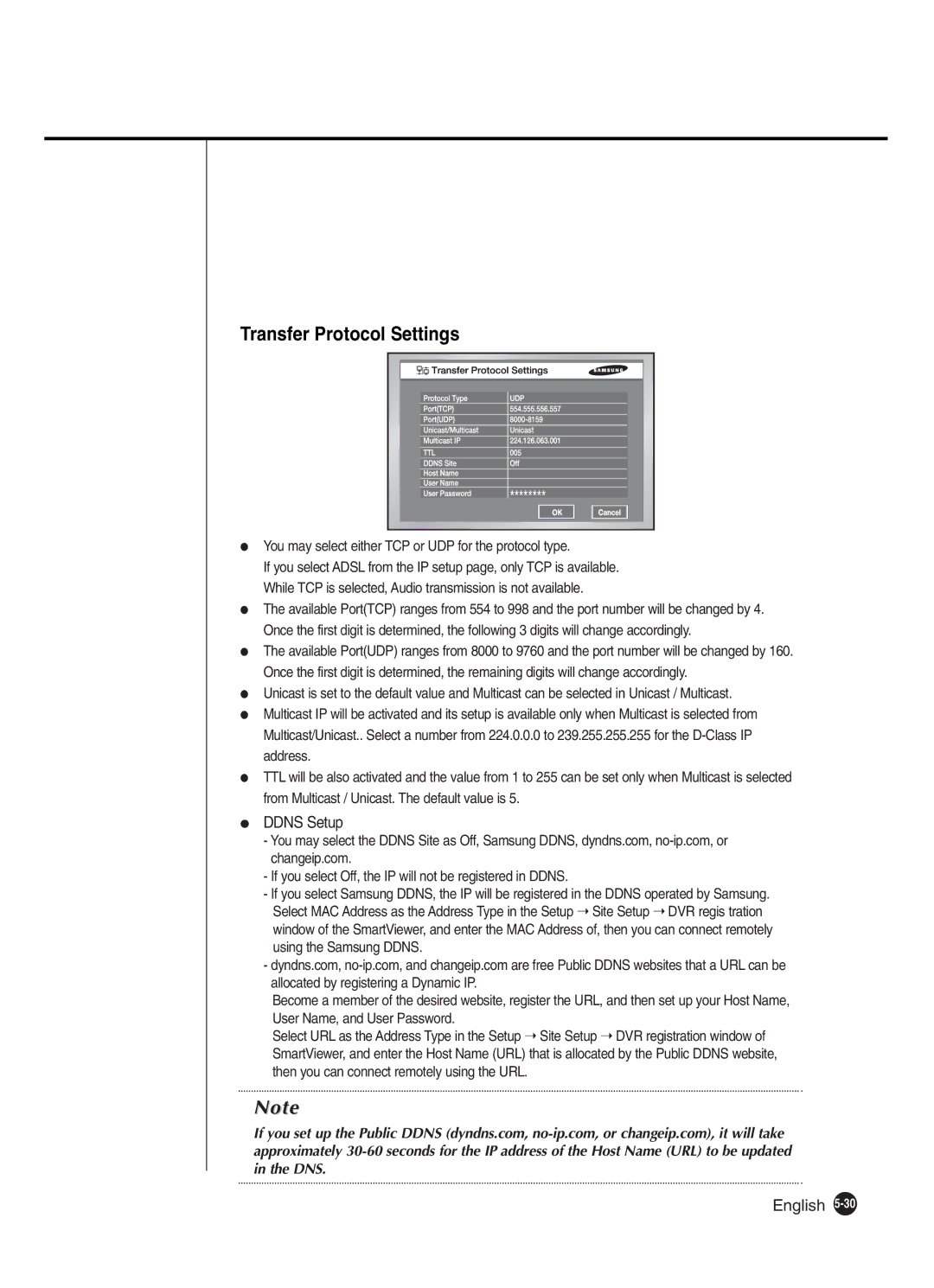 Samsung SHR-2160P2/XEC, SHR-2162P, SHR-2082P250, SHR-2080P250, SHR-2160P250 manual Transfer Protocol Settings, Ddns Setup 