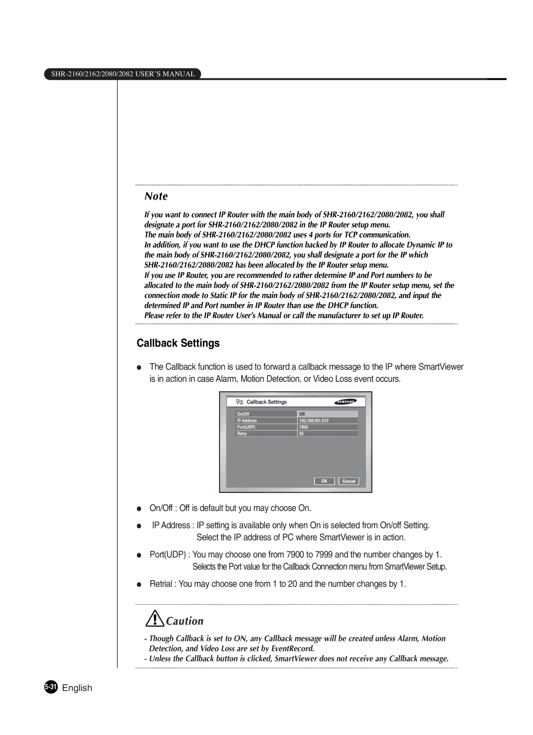 Samsung SHR-2160P/XEC, SHR-2162P, SHR-2082P250 Callback Settings, On/Off Off is default but you may choose On, 31English 