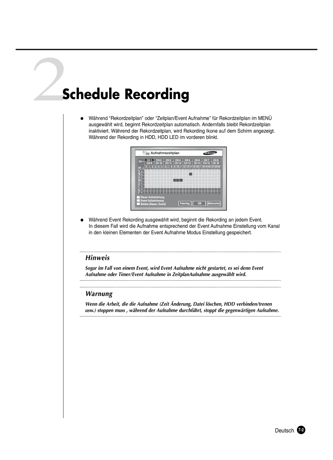 Samsung SHR-2082P250, SHR-2080P250, SHR-2160P250, SHR-2162P250 manual 2Schedule Recording, Deutsch 