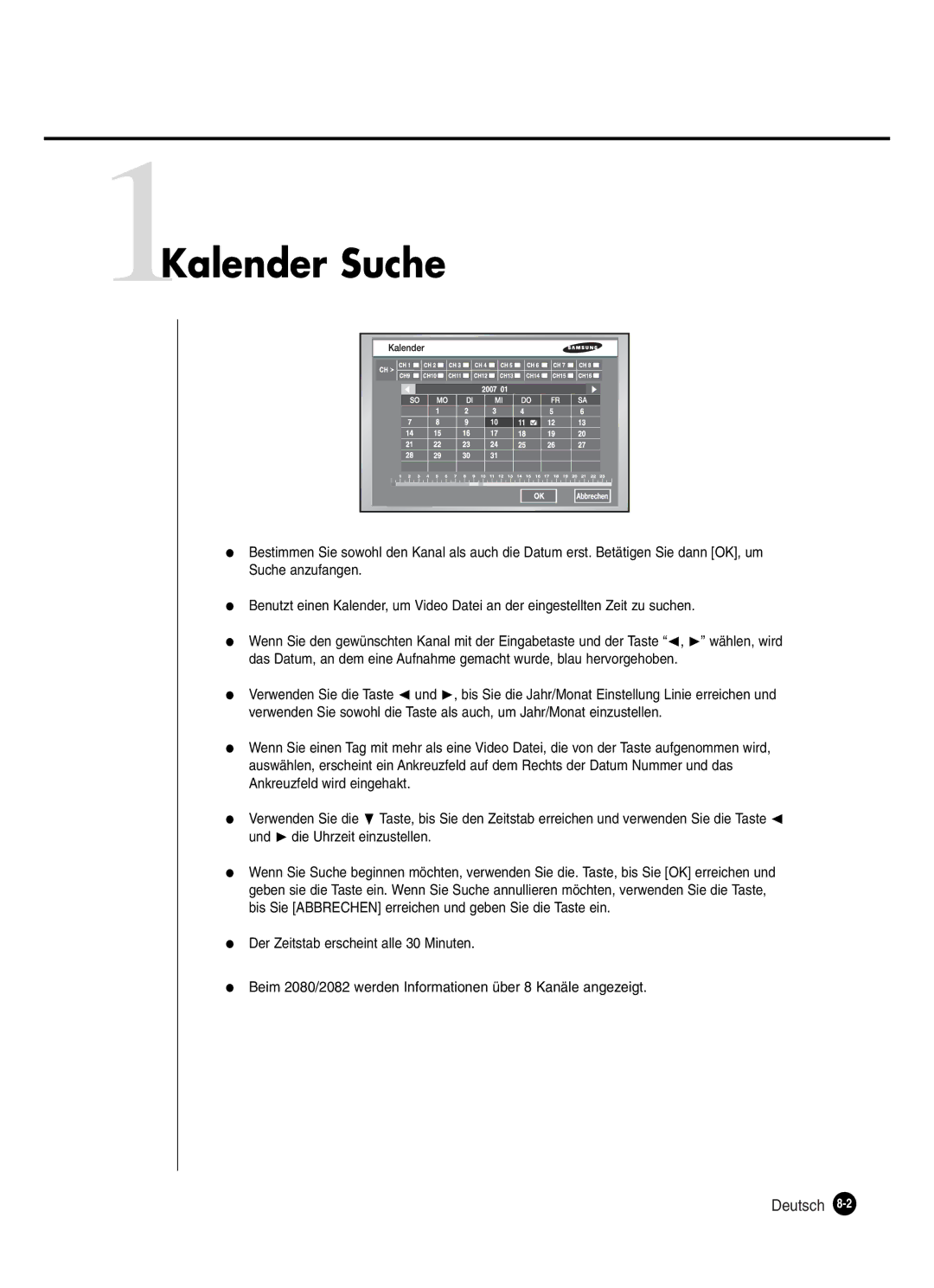 Samsung SHR-2162P250, SHR-2082P250, SHR-2080P250, SHR-2160P250 manual 1Kalender Suche, Deutsch 