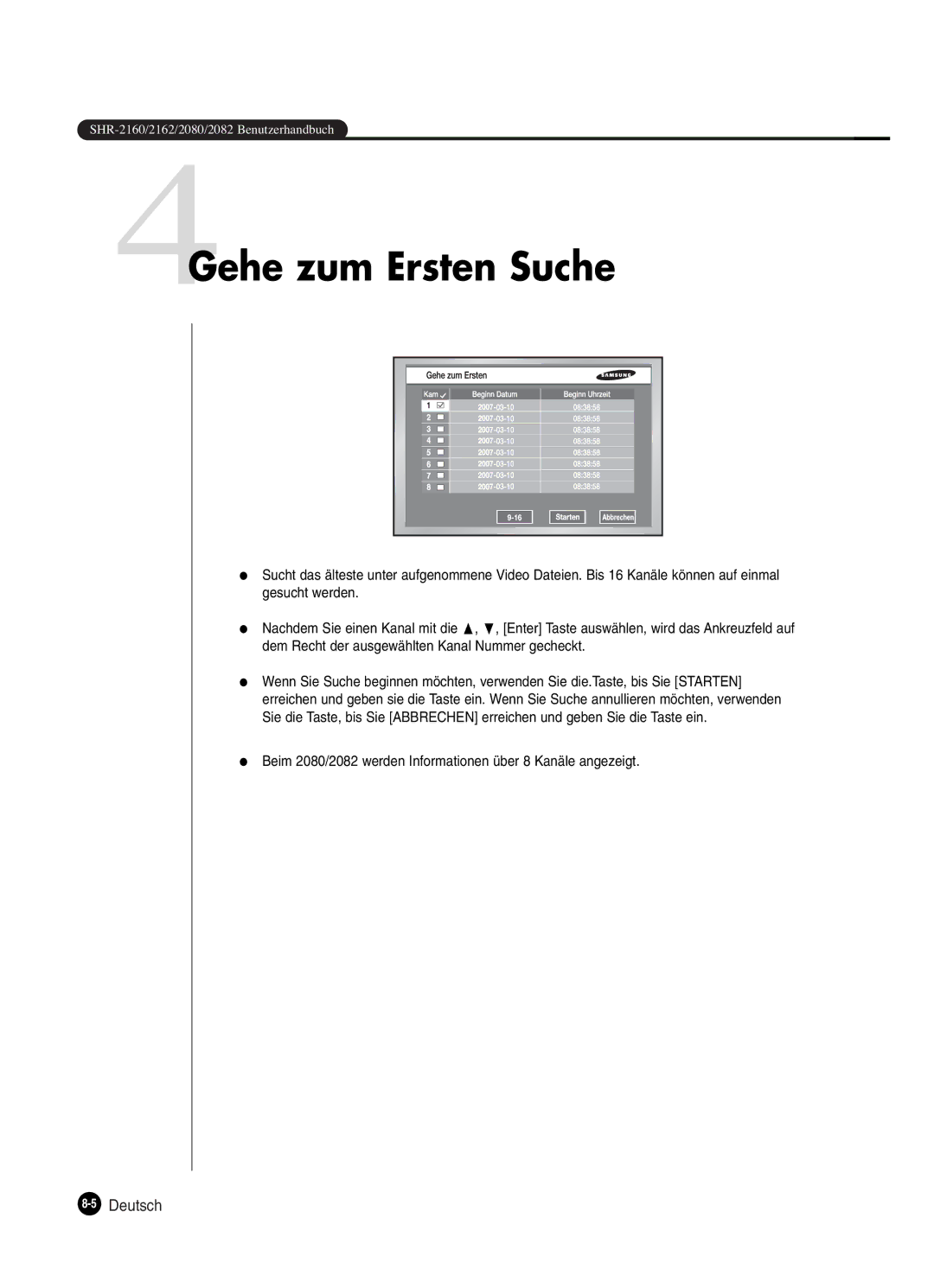 Samsung SHR-2082P250, SHR-2080P250, SHR-2160P250, SHR-2162P250 manual 4Gehe zum Ersten Suche, 5Deutsch 