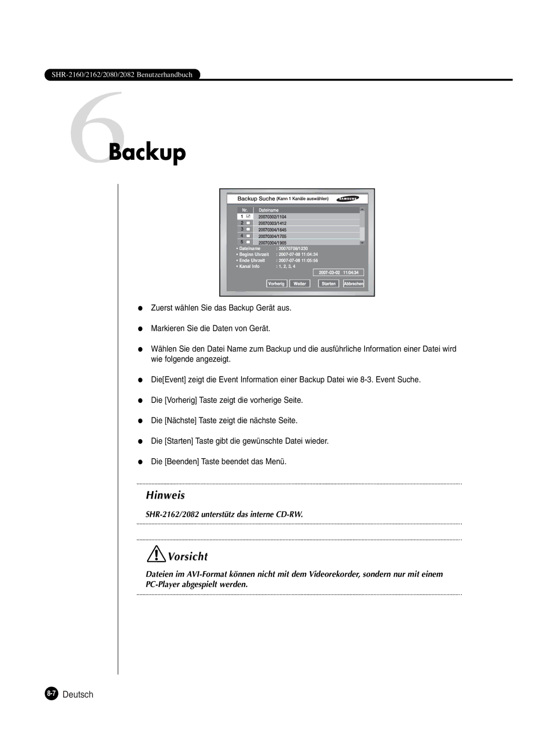 Samsung SHR-2160P250, SHR-2082P250, SHR-2080P250, SHR-2162P250 manual 6Backup, 7Deutsch 