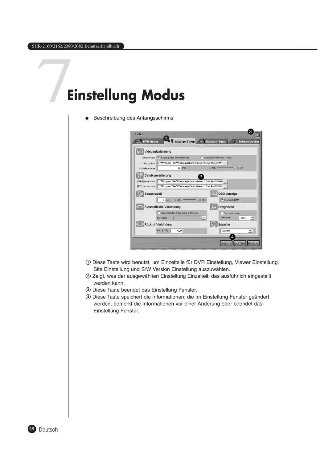 Samsung SHR-2082P250, SHR-2080P250, SHR-2160P250, SHR-2162P250 manual 7Einstellung Modus 