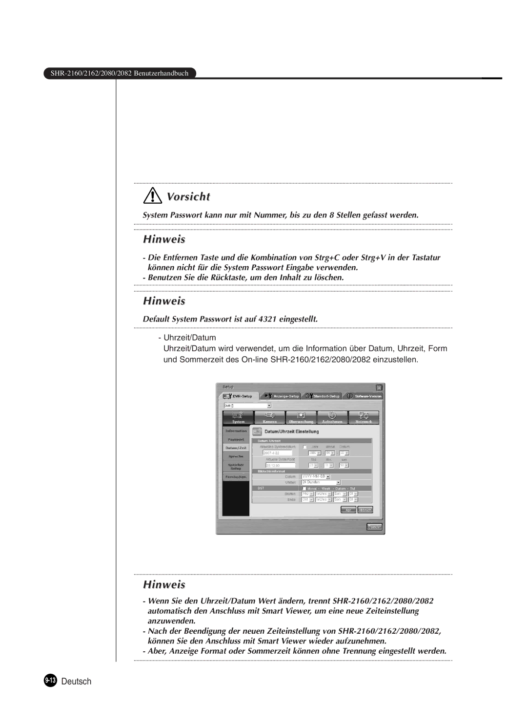 Samsung SHR-2160P250, SHR-2082P250, SHR-2080P250, SHR-2162P250 manual Default System Passwort ist auf 4321 eingestellt 